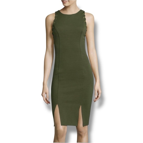 Bisou Bisou | Sleeveless Grommet Shoulder Bodycon Dress in Olive Green Size 8 - Picture 1 of 6